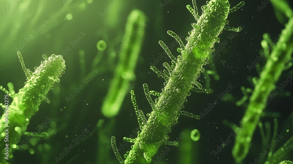 Fototapeta premium Green algae close-up: detailed microscopic view of aquatic microorganisms