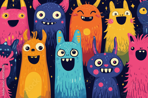 A group of colorful, furry monsters smile brightly against a dark background.