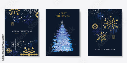 Luxury gold christmas invitation card design vector. Christmas tree, snowflake with gold foil texture on navy blue background. Design illustration for cover, print, poster, ads.