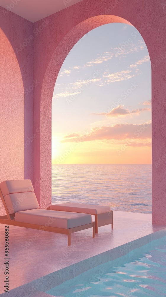 Fototapeta premium Surreal architecture with arched window,curtain,pink concrete walls, pool with couch,interior design of empty space,Imaginary fictional minimalistic interior with a view of sea,building space.