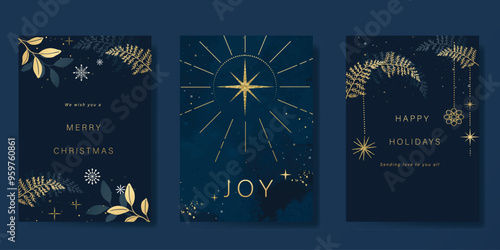 Luxury gold christmas invitation card design vector. Christmas bauble, pine leaves with gold foil and watercolor texture on navy blue background. Design illustration for cover, print, poster, ads.