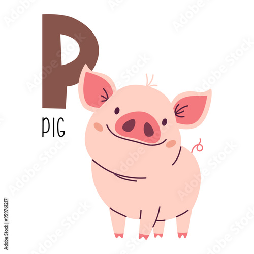 Cute flat vector illustration. Cute pig and letter P. Animals and letters of alphabet . Vector illustration