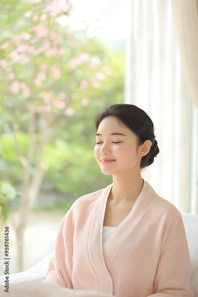 A natural beautiful woman relaxing on massage bed in spa A natural beautiful woman relaxing on massage bed in spa