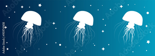 幻想的なクラゲシルエット　星と光の海　デジタルアート