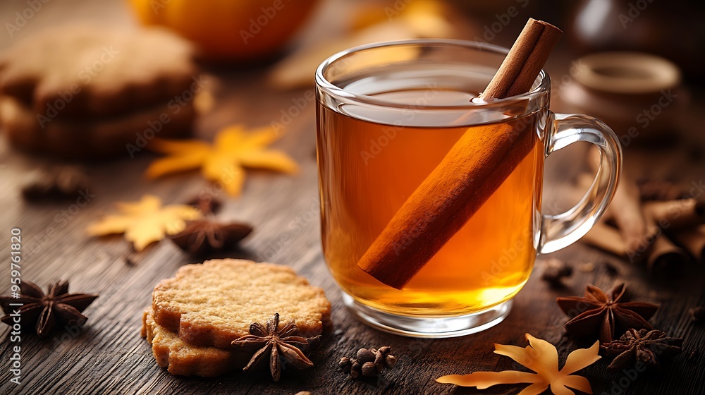 A steaming gingerbread hot toddy in a clear glass mug, garnished with a cinnamon stick and served with a slice of gingerbread, A steaming gingerbread hot toddy in a clear glass mug, garnished with a cinnamon stick and served with a slice of gingerbread,