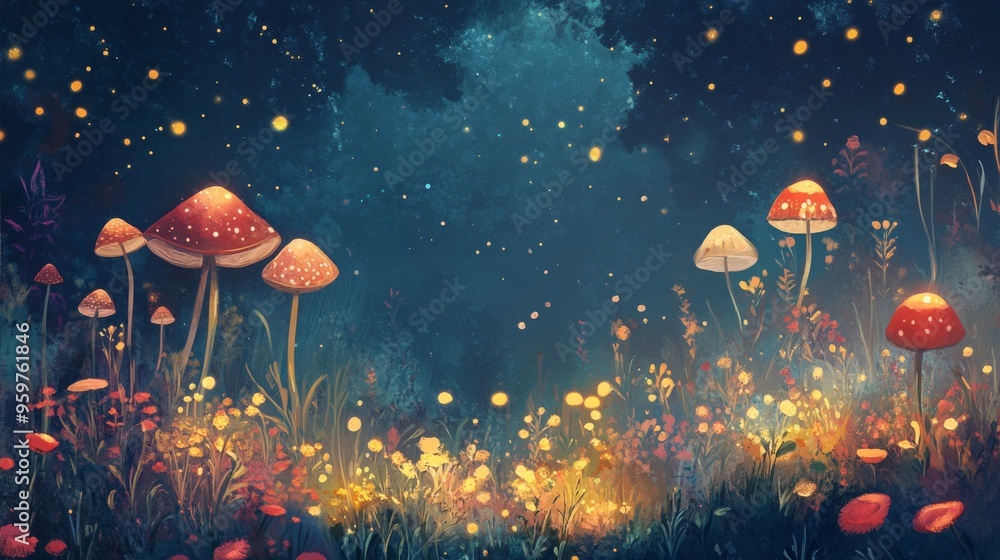 A magical forest at night with glowing mushrooms, fireflies, and flowers. A magical forest at night with glowing mushrooms, fireflies, and flowers.