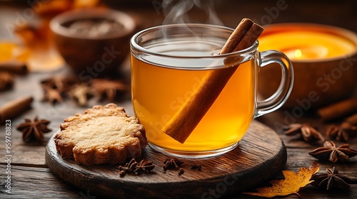 A steaming gingerbread hot toddy in a clear glass mug, garnished with a cinnamon stick and served with a slice of gingerbread,