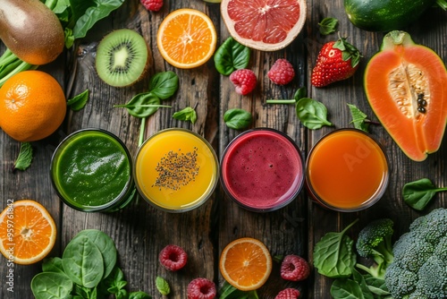 Freshly pressed Fruit vegetable juice smoothie with fruits veggie toppings  on   wooden background, created by ai