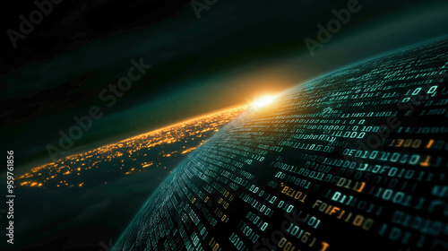 A digital Earth covered in glowing binary code as the sun rises on the horizon, symbolizing the dawn of a new era of technology, data integration, and global connectivity.