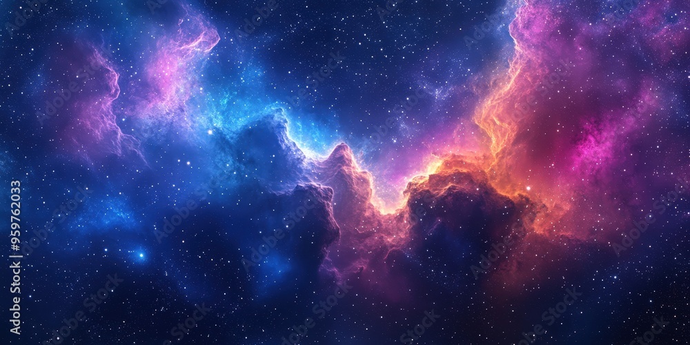 Fototapeta premium Dreamy Pink and Blue Clouds Under Starry Night Sky and Galaxy, Vibrant Cosmic Nebula in Deep Space with Stars and Galaxies Across the Universe