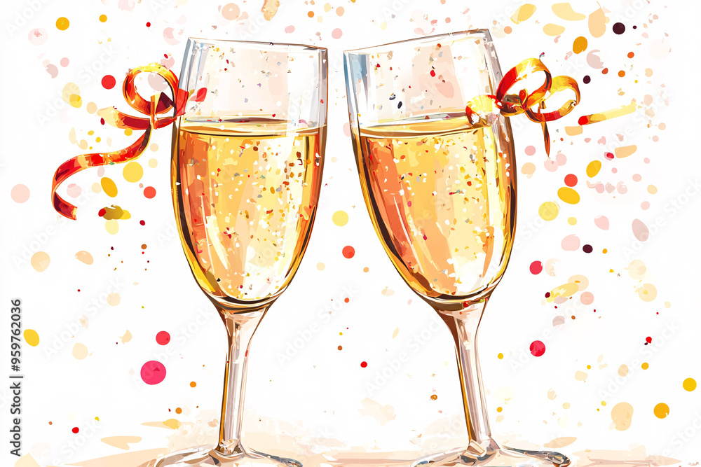 An artistic illustration of two champagne glasses clinking together with colorful splashes in the background representing celebration and joy An artistic illustration of two champagne glasses clinking together with colorful splashes in the background representing celebration and joy