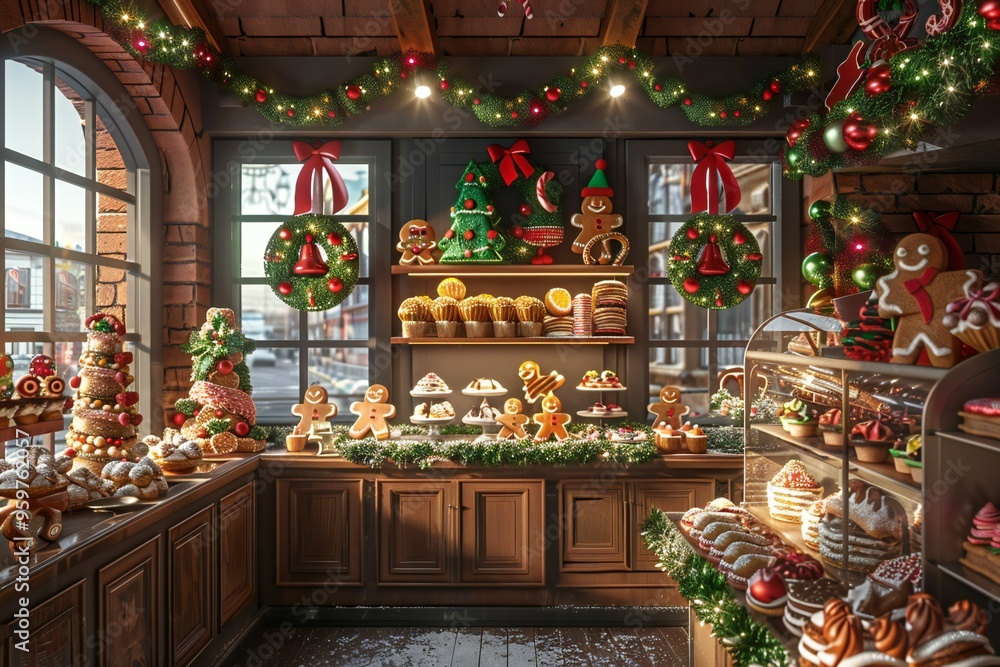 Enchanting 3D render of a holiday-themed bakery with colorful pastries, gingerbread men, and festive decorations, created by ai Enchanting 3D render of a holiday-themed bakery with colorful pastries, gingerbread men, and festive decorations, created by ai