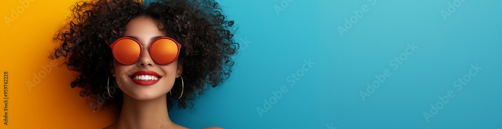 A vibrant and colorful banner featuring an African American woman with curly hair in sunglasses A vibrant and colorful banner featuring an African American woman with curly hair in sunglasses