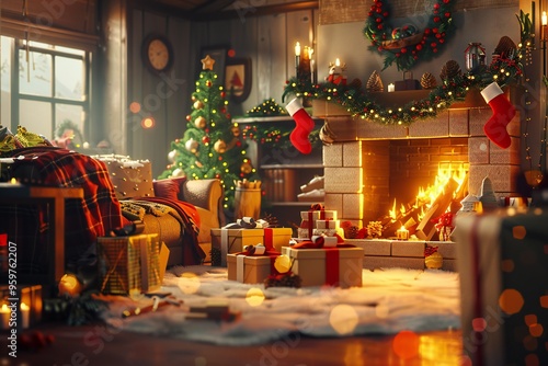 Festive 3D render of a cozy living room with holiday decorations, a roaring fire, and a family unwrapping presents, created by ai