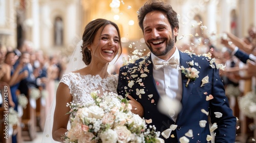 Joyful Couple Celebrating Wedding Day with Flower Petals Toss