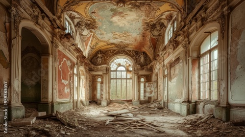 An abandoned hall with grand windows and a peeling ornate ceiling captures the beauty of decay and the remnants of its former grandeur, illuminated by natural light.