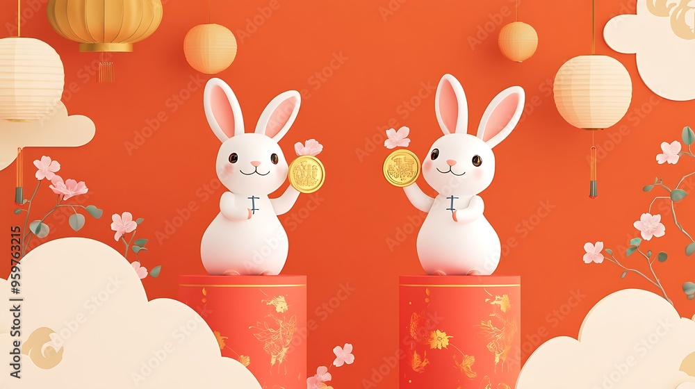 Cute Rabbits Holding Golden Coins with Lanterns and Flowers for Chinese New Year Cute Rabbits Holding Golden Coins with Lanterns and Flowers for Chinese New Year