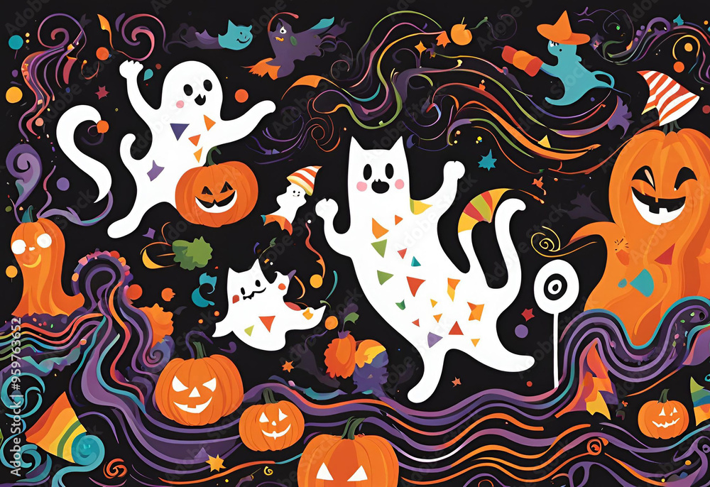 A lively Halloween scene with multicolored zigzag lines and swirls framing cheerful ghosts candy and playful black cats set against a dark backdrop A lively Halloween scene with multicolored zigzag lines and swirls framing cheerful ghosts candy and playful black cats set against a dark backdrop