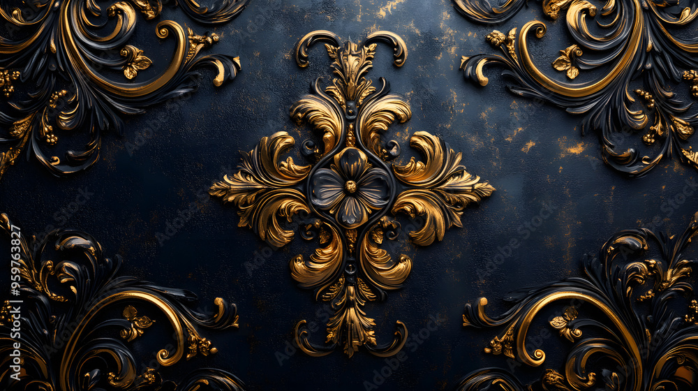 Golden filigree patterns on a matte black background. Golden filigree patterns on a matte black background.