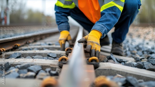 Close-up of a railway worker in protective gloves and vest, adjusting and maintaining track components on a rail line.