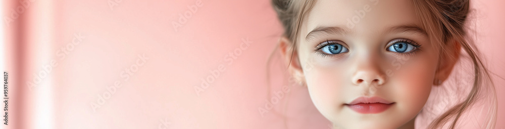 Obraz premium the face of an adorable 4-5-year-old girl placed on the right side, set against a light pink background. Ideal for children's products, events, services promo with a focus on cuteness and innocence