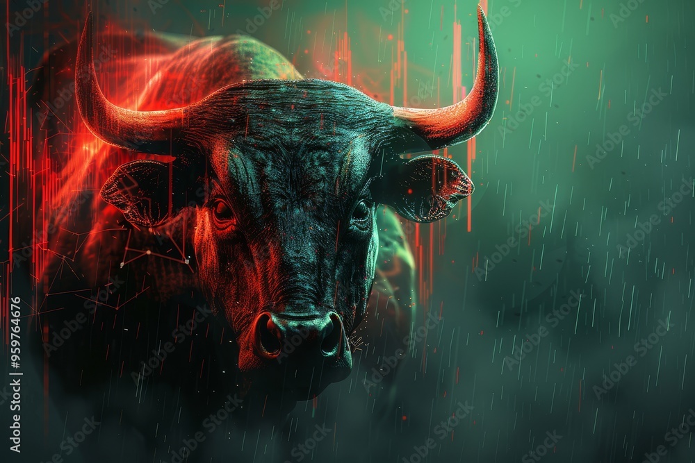 Modern wallpaper featuring a bull in the stock market with trading charts, red and green colors, smoke effects, and cinematic lighting, ultra-detailed illustration. Modern wallpaper featuring a bull in the stock market with trading charts, red and green colors, smoke effects, and cinematic lighting, ultra-detailed illustration.