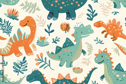 Happy little dinos arranged in a continuous and seamless layout.