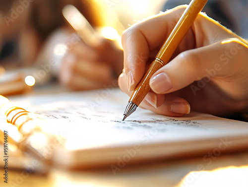 Individuals writing in their journals as part of a mental health journaling workshop, fostering self-care