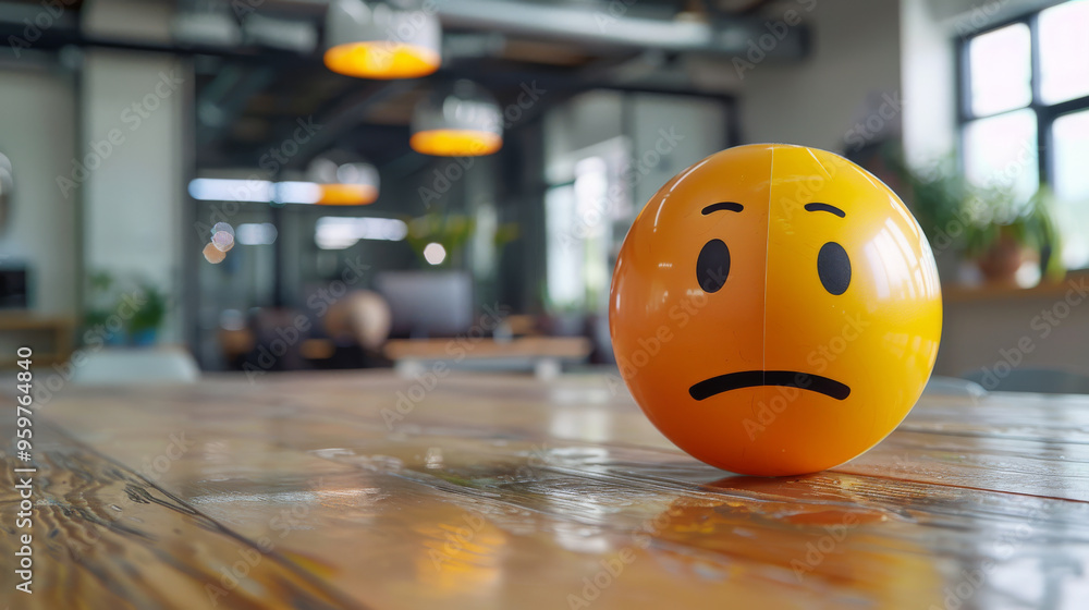Sad yellow ball on a wooden office table. Tired yellow ball in the office interior. Sad yellow ball on a wooden office table. Tired yellow ball in the office interior.