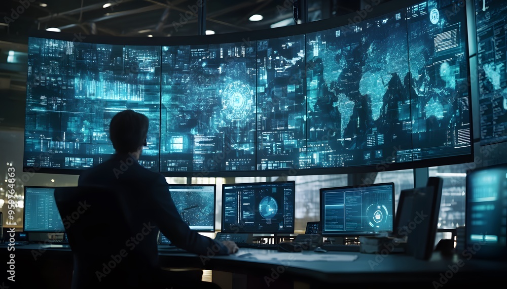A man sitting in front of a large screen displaying a world map with data overlays A man sitting in front of a large screen displaying a world map with data overlays