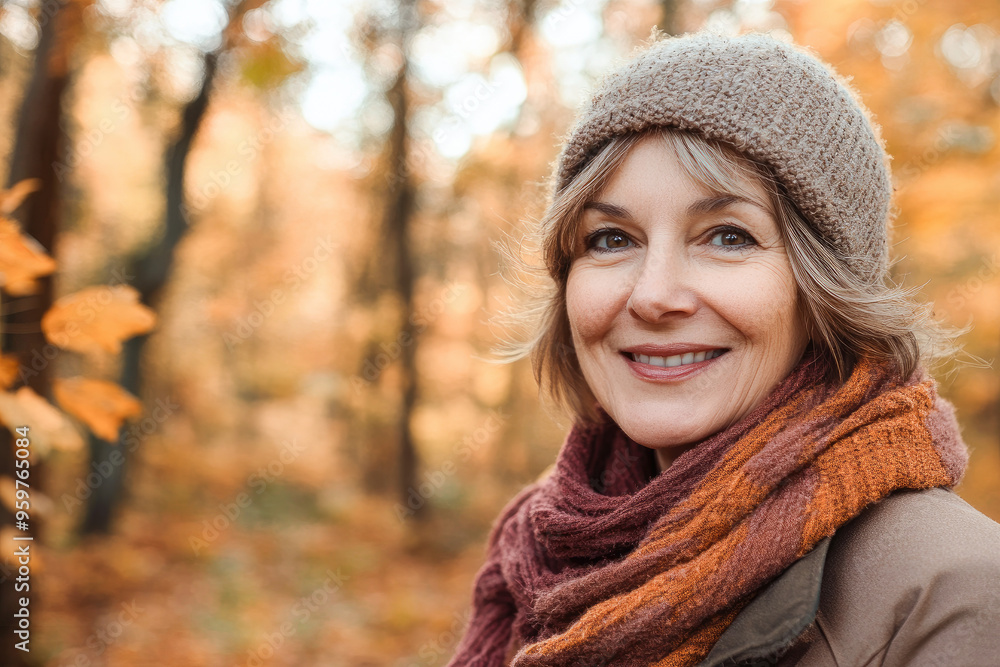 Portrait in the forest of a pleased 50 years old woman. Joyful woman in an outdoor fall scenery having fun at the autumn season. Portrait in the forest of a pleased 50 years old woman. Joyful woman in an outdoor fall scenery having fun at the autumn season.
