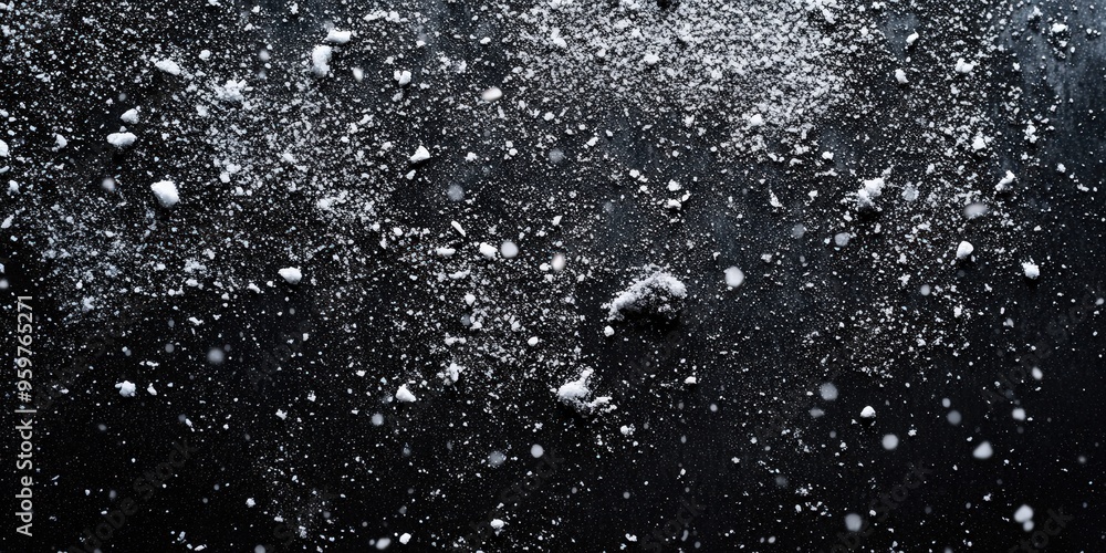 Obraz premium Abstract black background with delicate snowflakes or powdery particles falling and scattering, creating a wintery and textured visual perfect for holiday designs, festive presentations, or creative p