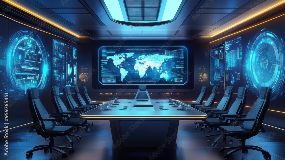 Futuristic Conference Room Concept with Large Digital Screen - Flat Design Illustration Futuristic Conference Room Concept with Large Digital Screen - Flat Design Illustration