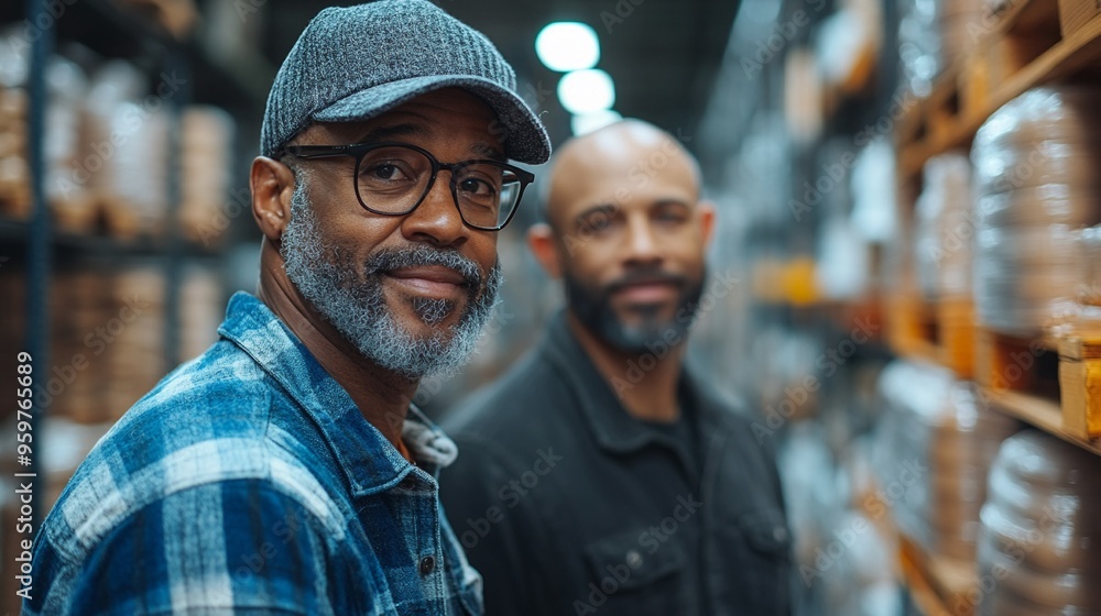 Inventory Confidence: Two warehouse workers, radiating experience and camaraderie, stand amongst towering shelves, reflecting the heart of a thriving supply chain. Inventory Confidence: Two warehouse workers, radiating experience and camaraderie, stand amongst towering shelves, reflecting the heart of a thriving supply chain.