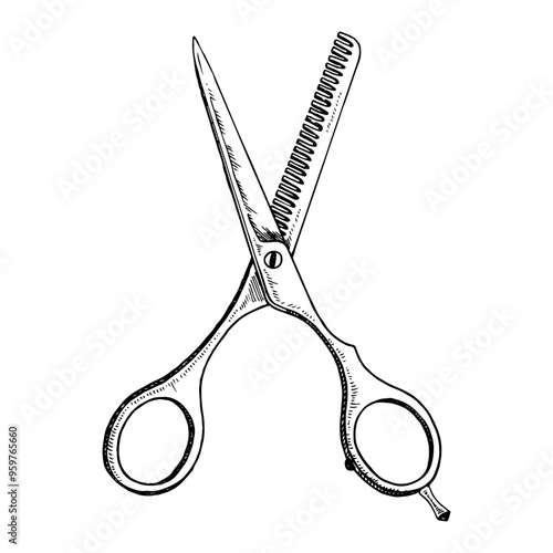 A hand-drawn illustration of thinning shears and combs used for precision haircutting. Vector art of tools of professional barbers and stylists, perfect for grooming or beauty salon content