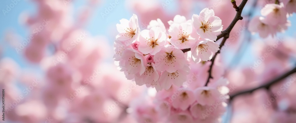 Obraz premium Sakura is blooming. Delicate pink cherry blossoms bloom beautifully on a tree branch during the spring season, filling the scene with vibrant colors and a sense of renewal in nature. Generative AI
