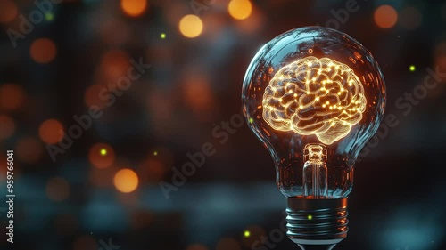 A light bulb with a glowing brain inside. Symbolizing creative thinking and innovation in a business. Innovation technology digital. Icon for smart technology innovation. Modern Tech. Copy space area