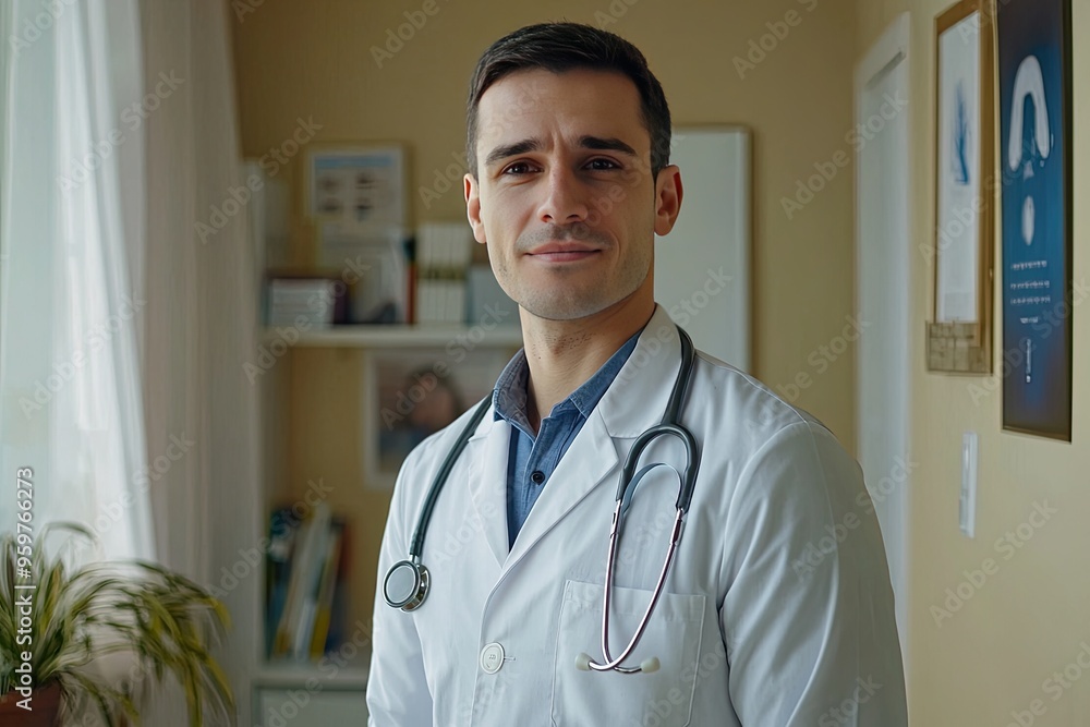 Portrait of handsome young male doctor in white coat and stethoscope standing in office Portrait of handsome young male doctor in white coat and stethoscope standing in office