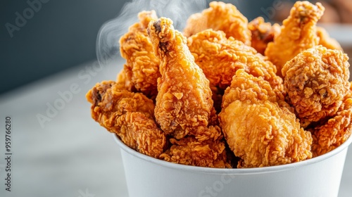 Golden fried chicken pieces in a white bucket, steaming and delicious, perfect for a comfort food feast. photo