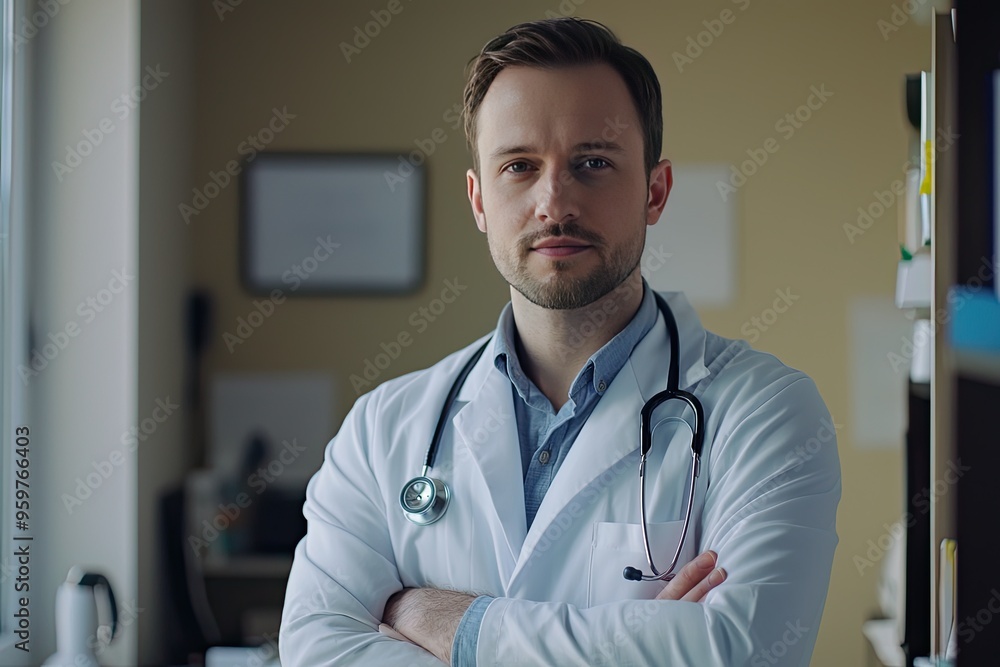 Portrait of handsome young male doctor in white coat and stethoscope standing in office Portrait of handsome young male doctor in white coat and stethoscope standing in office