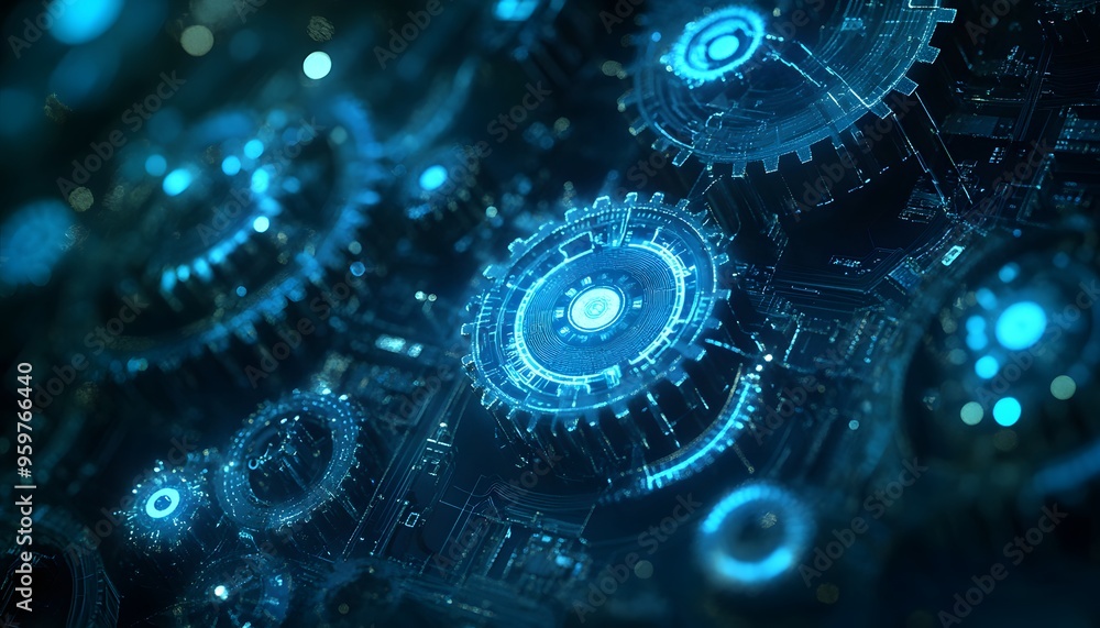 Glowing Blue Cogs and Circuitry in a Dark Digital Space Glowing Blue Cogs and Circuitry in a Dark Digital Space