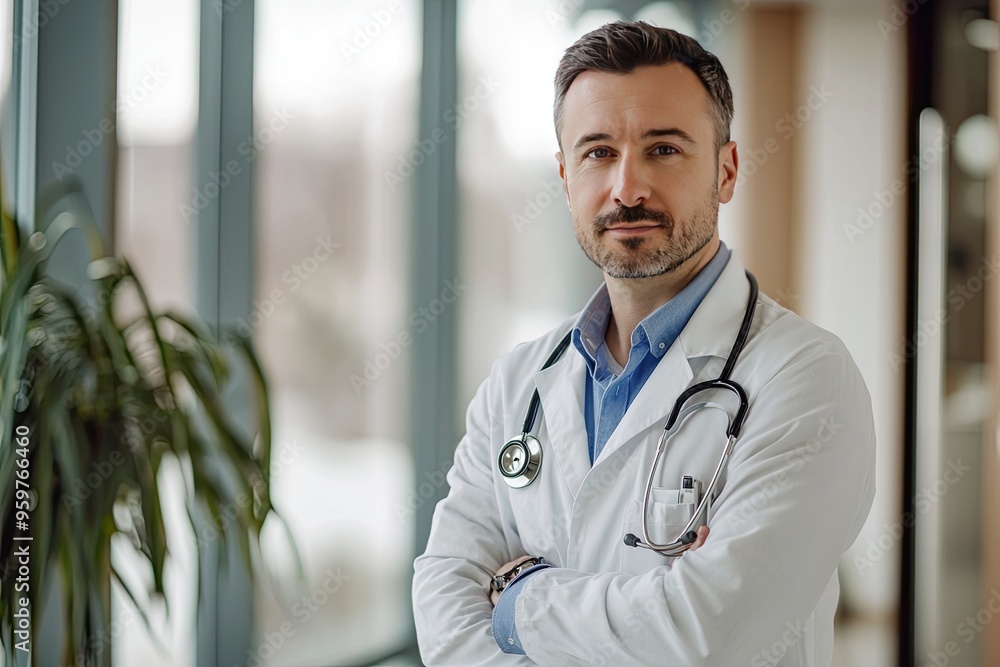 Portrait of handsome young male doctor in white coat and stethoscope standing in office Portrait of handsome young male doctor in white coat and stethoscope standing in office