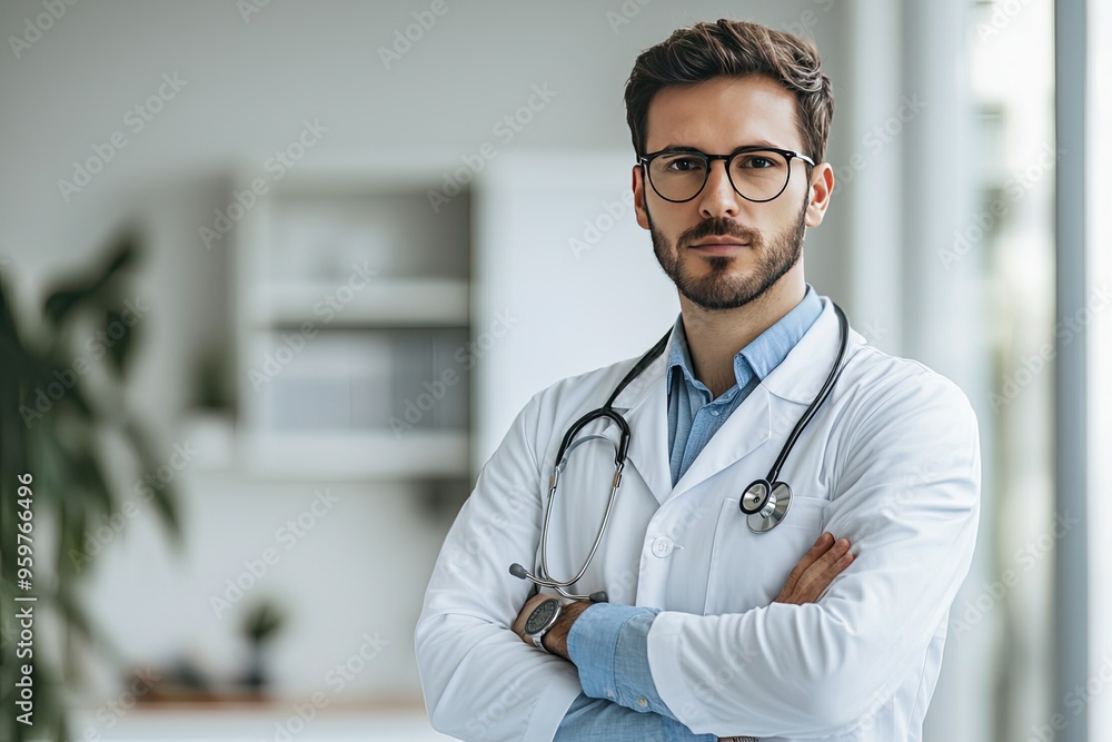 Portrait of handsome young male doctor in white coat and stethoscope standing in office Portrait of handsome young male doctor in white coat and stethoscope standing in office
