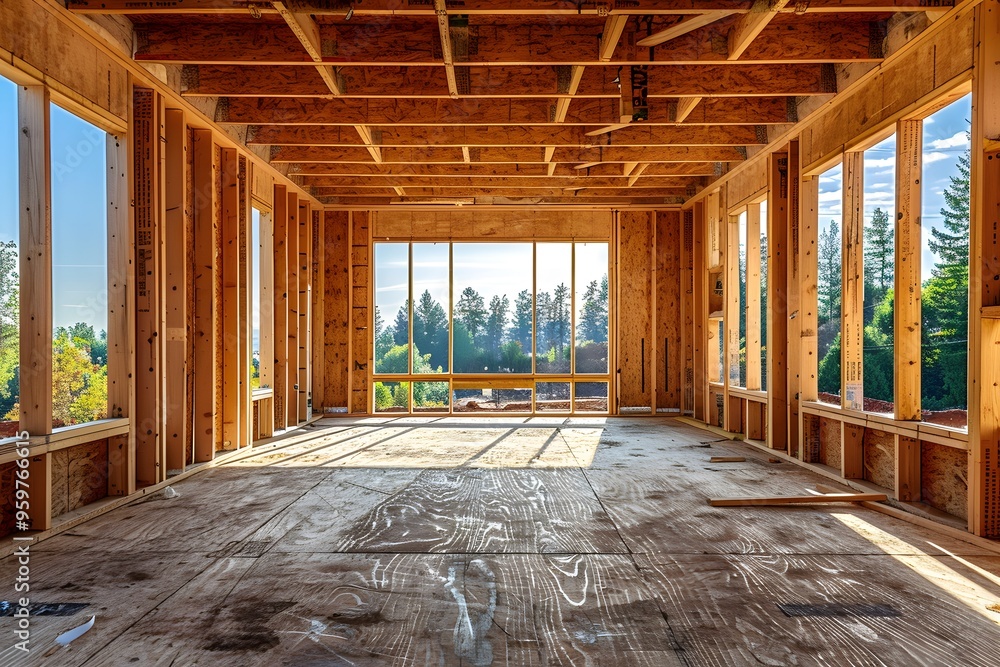 Bright and Spacious Interior of a Wooden Frame House Under Construction Bright and Spacious Interior of a Wooden Frame House Under Construction