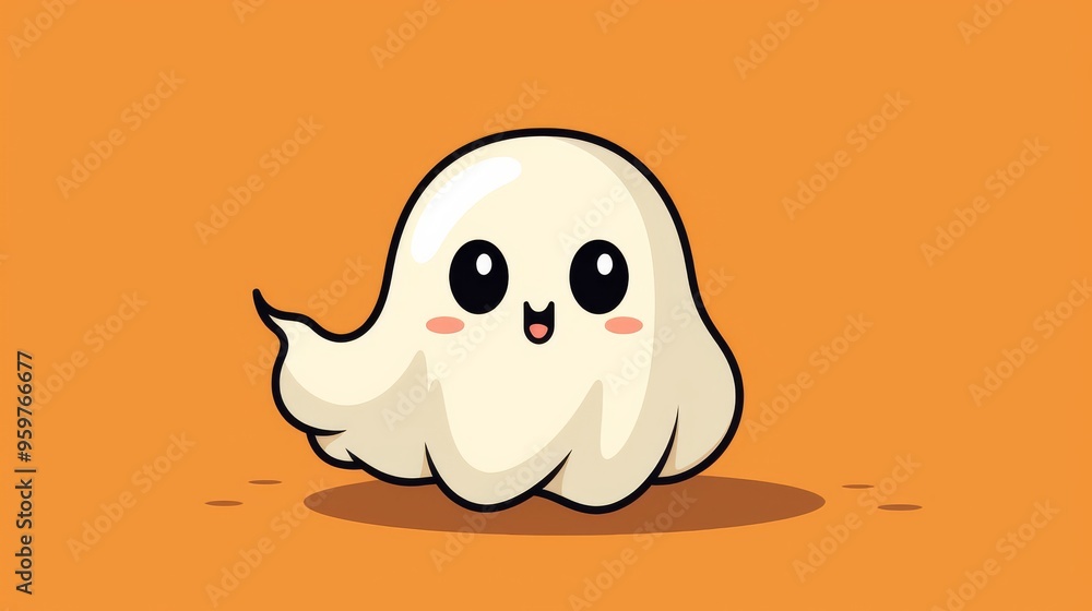Obraz premium Cute cartoon ghost character with big eyes on a bright orange background during Halloween