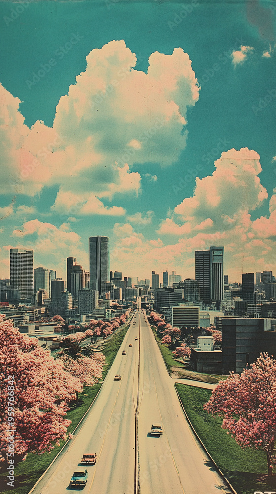 custom made wallpaper toronto digitala retro ad featuring a city sky line during spring time, a costillation in the day sky creates a road map