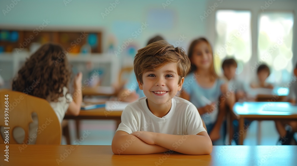 cute schoolboy sitting at the desk, smiling, looking at the camera during the lesson cute schoolboy sitting at the desk, smiling, looking at the camera during the lesson