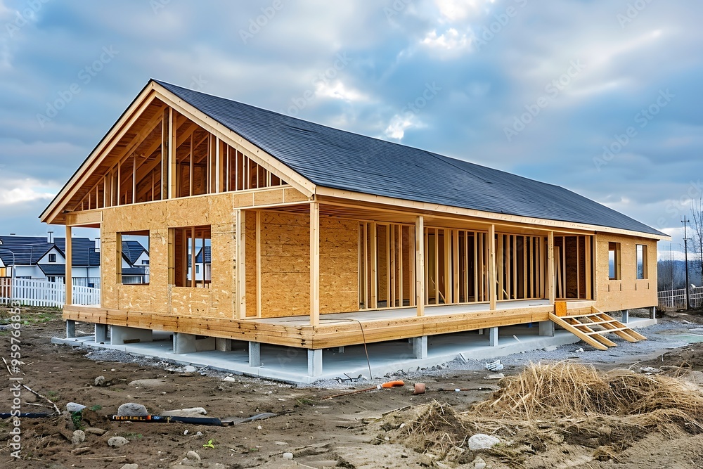 Modern Wooden House Under Construction with a Scenic Background Modern Wooden House Under Construction with a Scenic Background