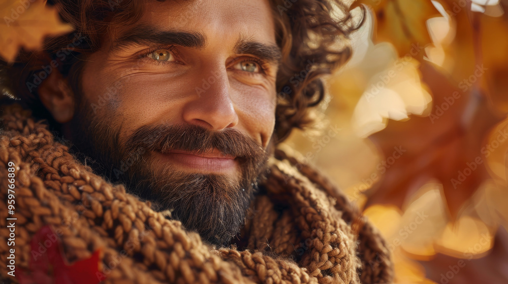 Handsome man with a beard in an autumn park. A brutal smiling man against a background of autumn leaves. Handsome man with a beard in an autumn park. A brutal smiling man against a background of autumn leaves.