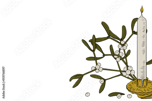 A vector of a vintage Christmas scene with candles and mistletoe. The sketch includes space for text, ideal for festive cards or banners celebrating the nativity and religious traditions of the season